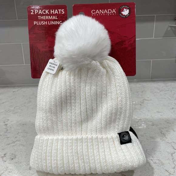 2 Pack CANADA WEATHER GEAR Thermal Plush Lined Winter Hats IVORY & BLACK Pom $40 - Picture 2 of 8